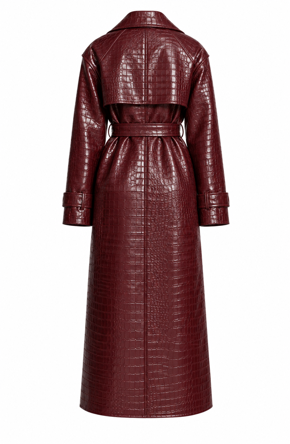 Oxblood croc-effect belted trench coat back view