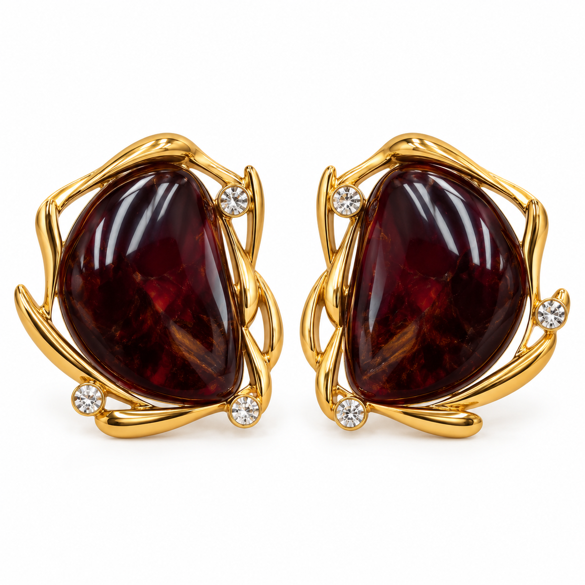 Sculptural gold-tone cabochon earrings in Garnet, front view