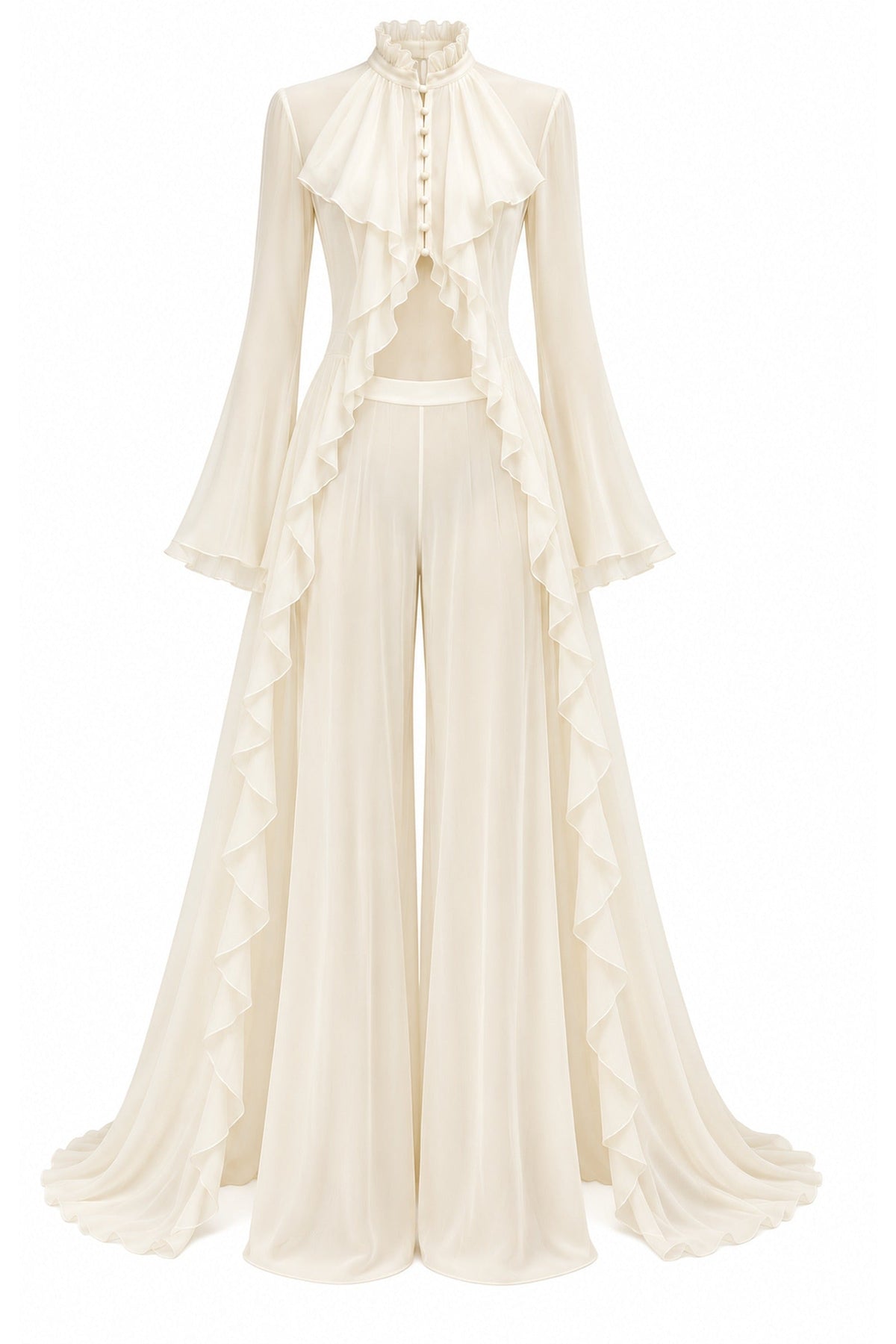 Ivory chiffon ruffle maxi top and matching wide-leg trousers — sold separately