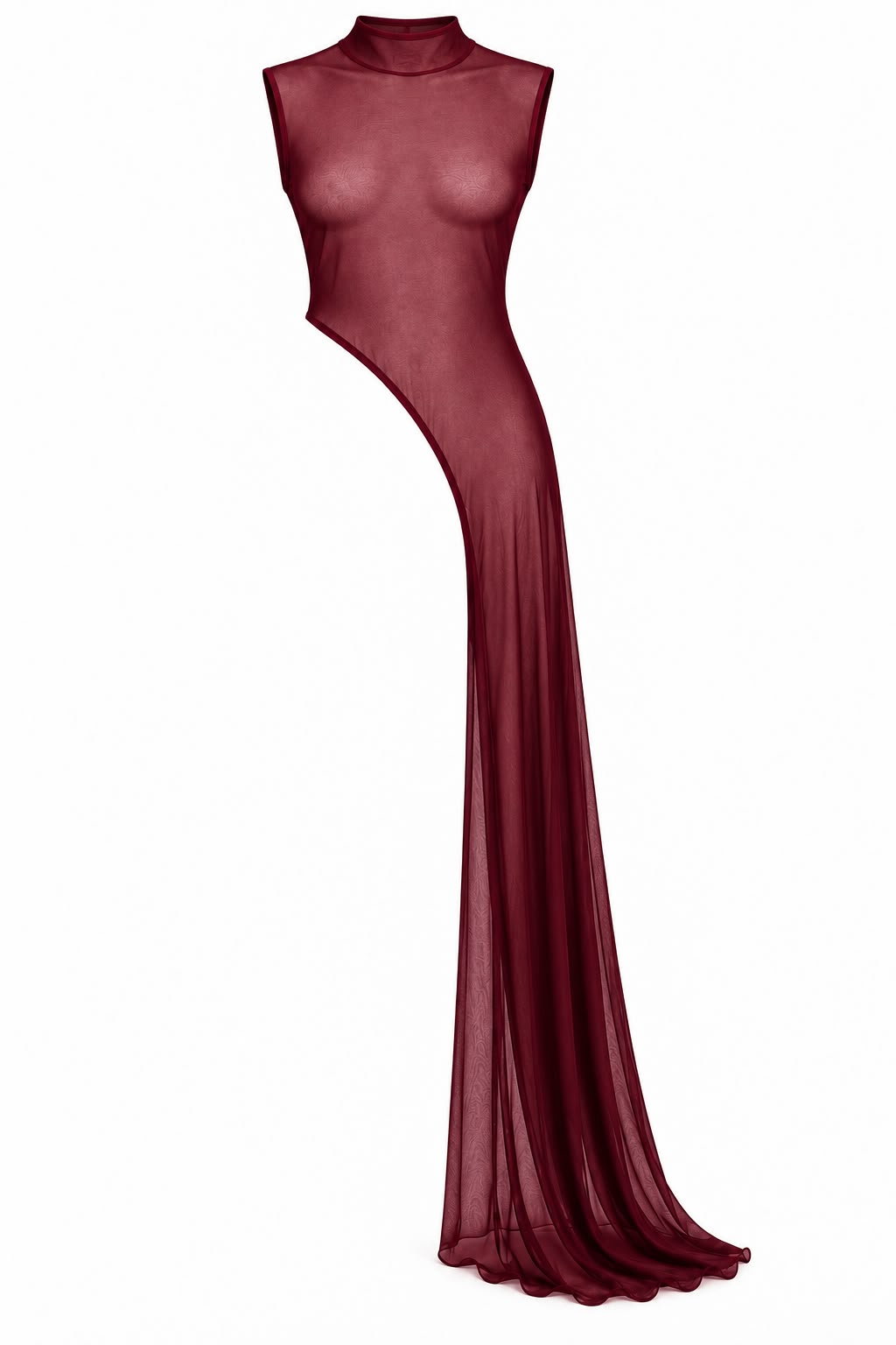 NOX Burgundy High-Neck Mesh Top — sleeveless stretch mesh with asymmetric hem
