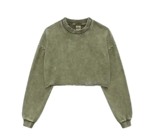 WASHED COTTON CROPPED JUMPER - SHADE OLIVE