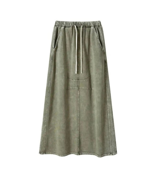 WASHED COTTON MIDAXI SKIRT - SHADE OLIVE