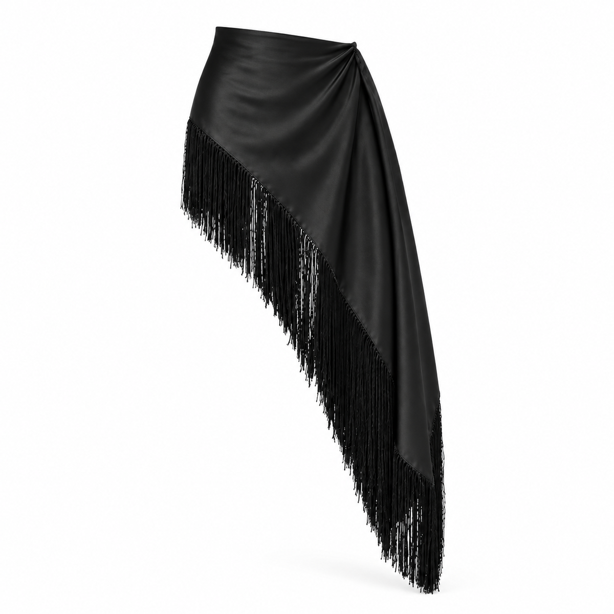 Black asymmetric satin fringe wrap product view