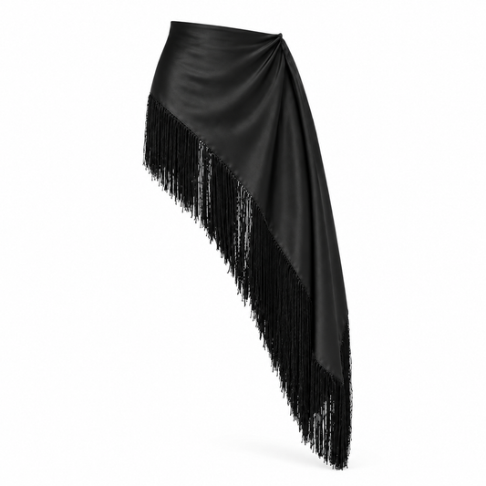 Black asymmetric satin fringe wrap product view