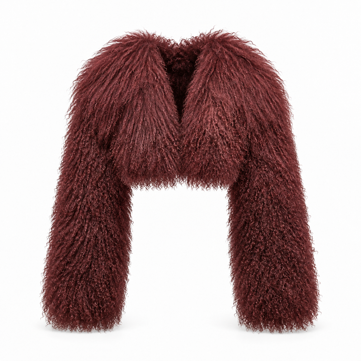 Burgundy cropped Mongolian fur jacket front view