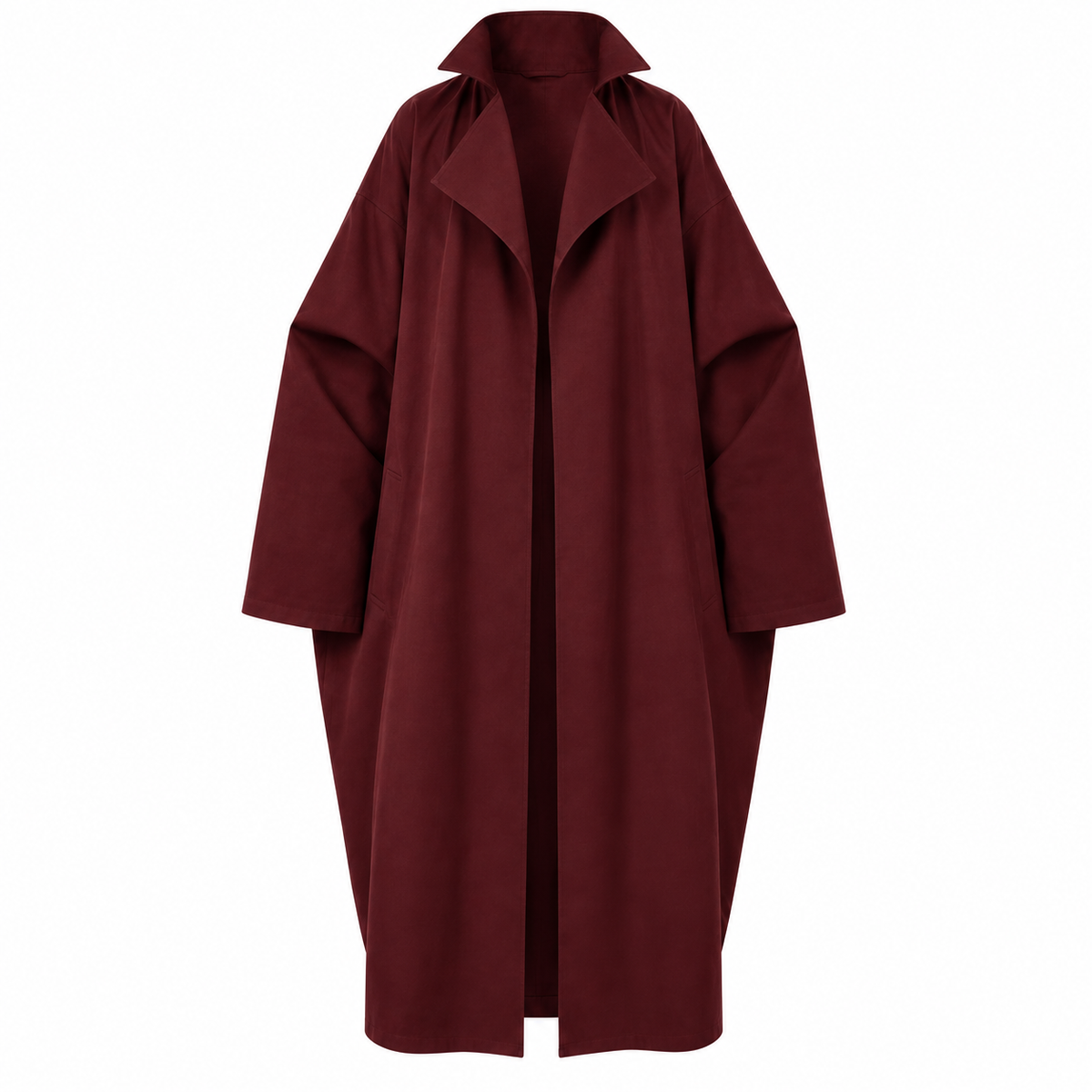 Burgundy oversized longline cotton coat front view