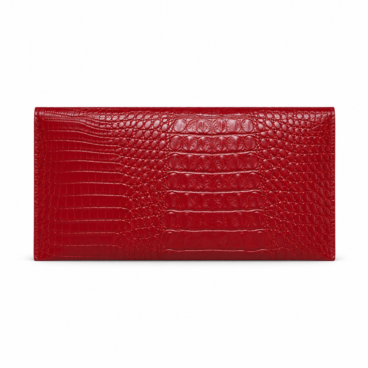 Back view of red croc-embossed envelope clutch bag