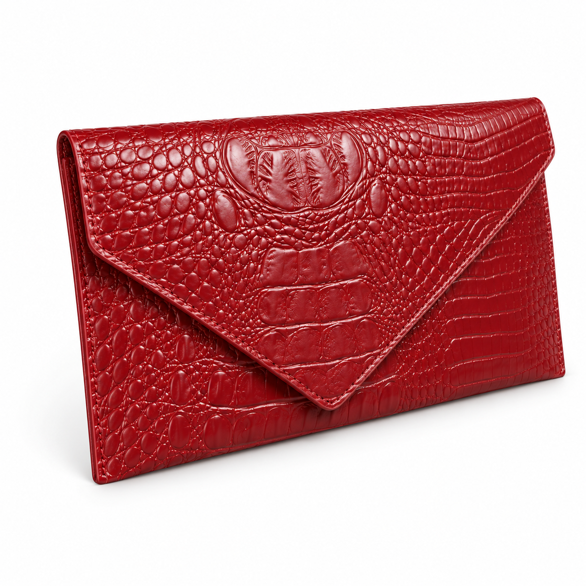 Detail view of red croc-embossed envelope clutch bag