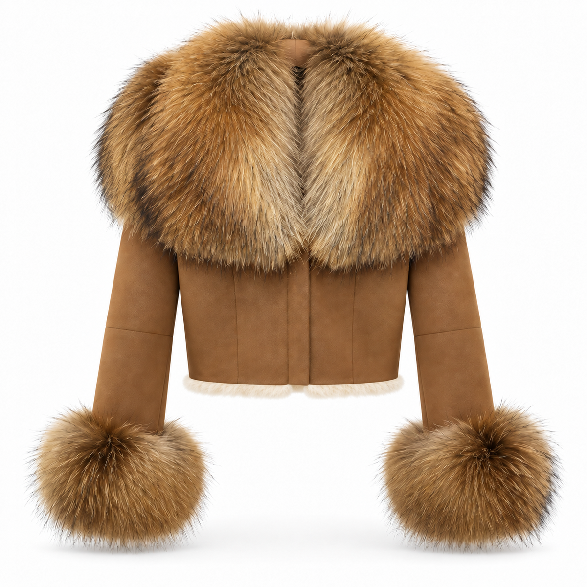 Cropped brown jacket with statement natural fur collar and cuffs, front view