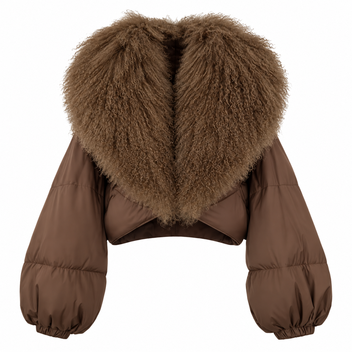 Brown cropped puffer jacket with oversized textured collar, front view