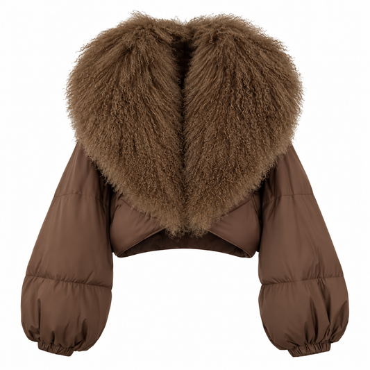 Brown cropped puffer jacket with oversized textured collar, front view