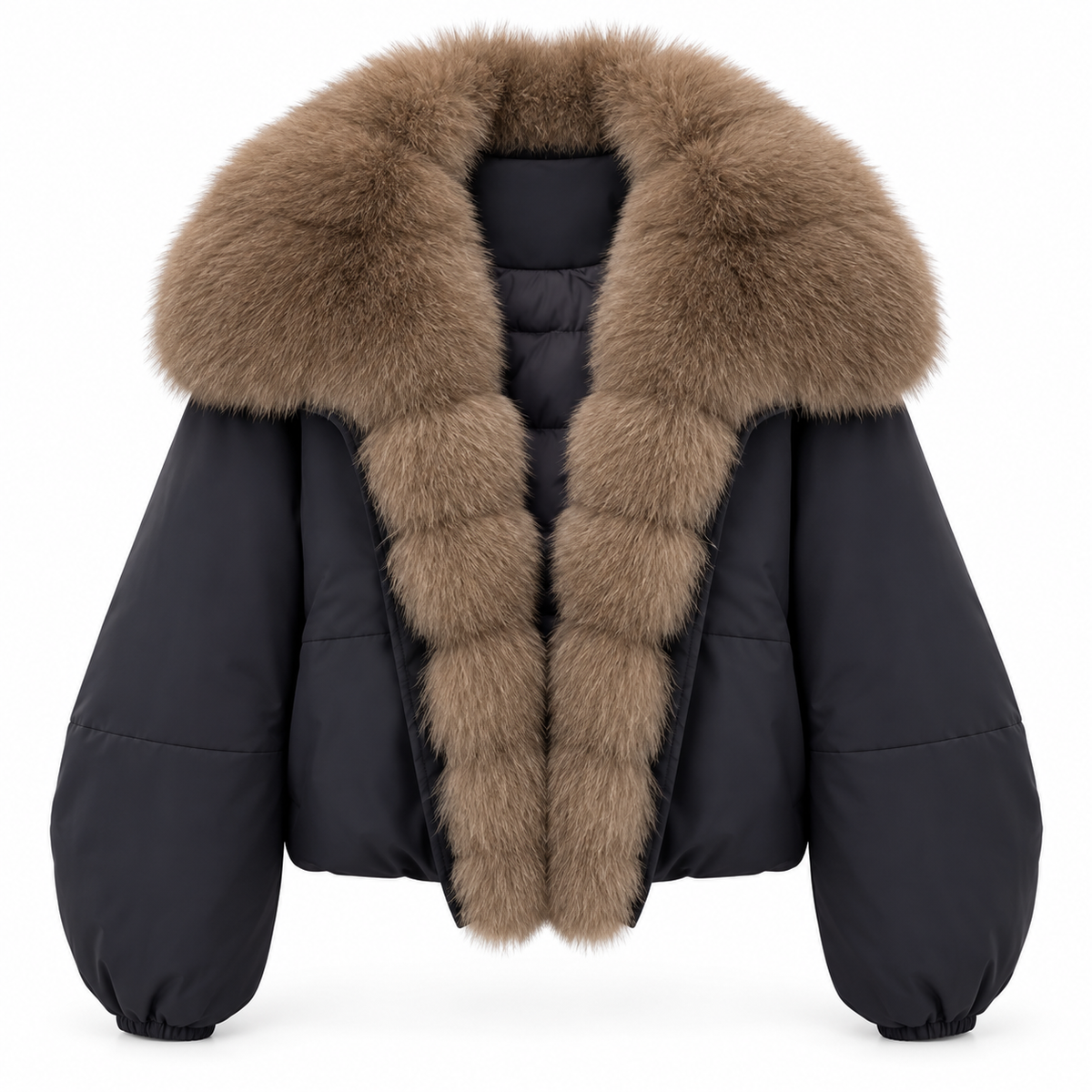 Navy down-padded jacket with oversized taupe statement collar, front view