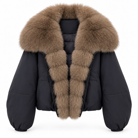 Navy down-padded jacket with oversized taupe statement collar, front view
