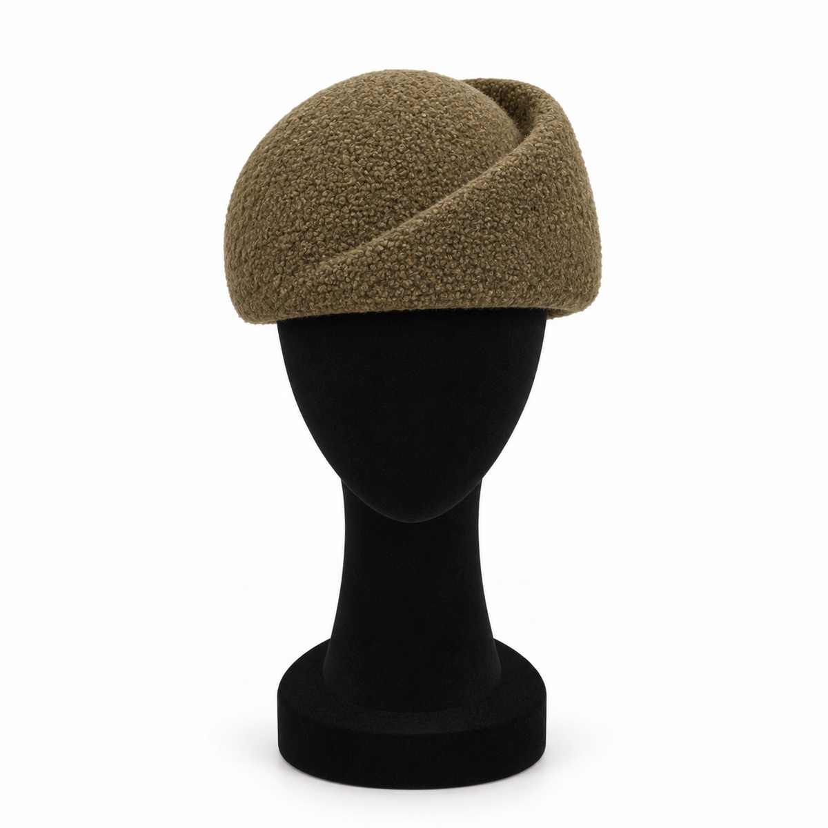 Olive faux-wool sculptural pillbox hat shown on display head