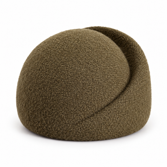 Olive faux-wool sculptural pillbox hat, front view
