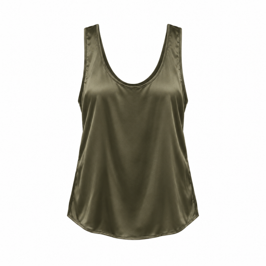 Olive satin racerback top front view