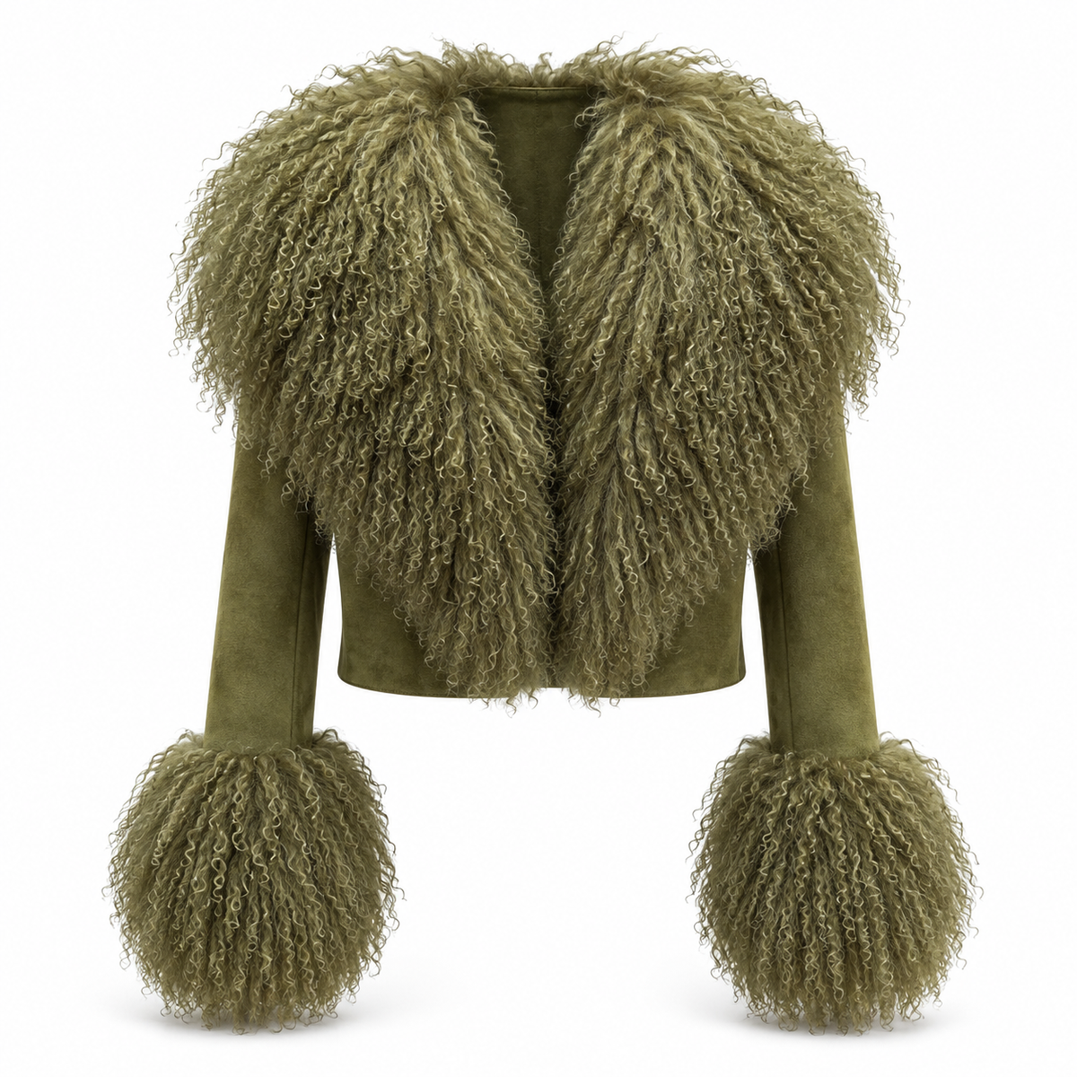 Olive genuine suede jacket with statement Mongolian lamb-fur collar and cuffs, front view
