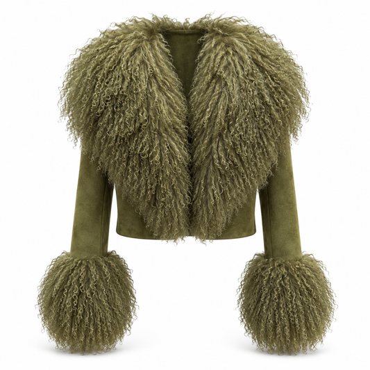 Olive genuine suede jacket with statement Mongolian lamb-fur collar and cuffs, front view