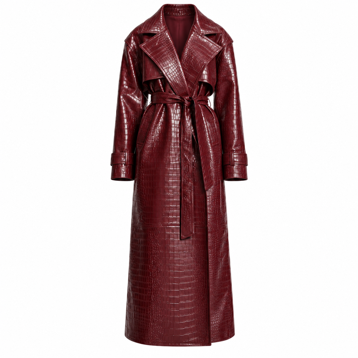 Oxblood croc-effect belted trench coat front view
