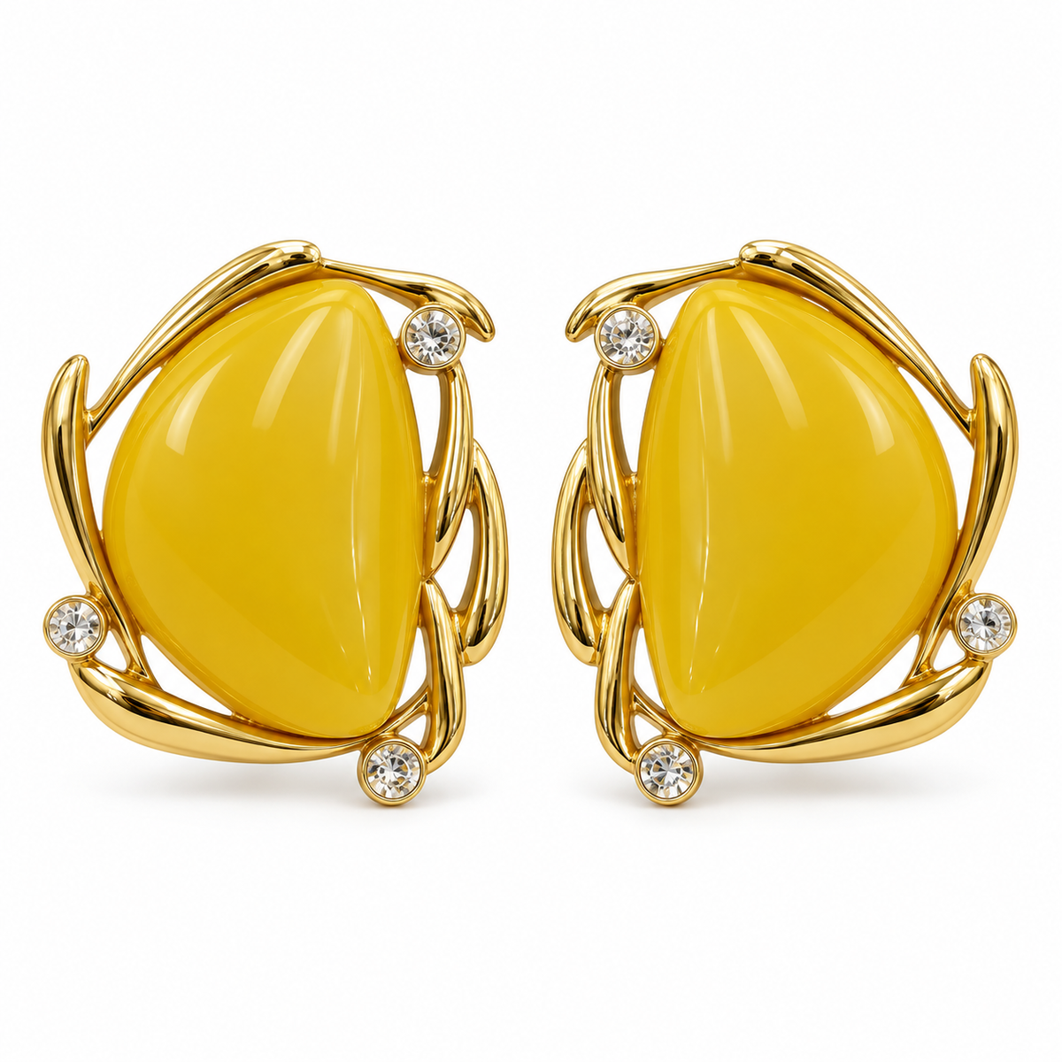 Sculptural gold-tone cabochon earrings in Saffron, front view