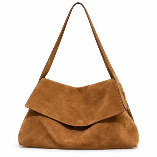 Slouchy genuine suede shoulder bag in warm tobacco brown, front view