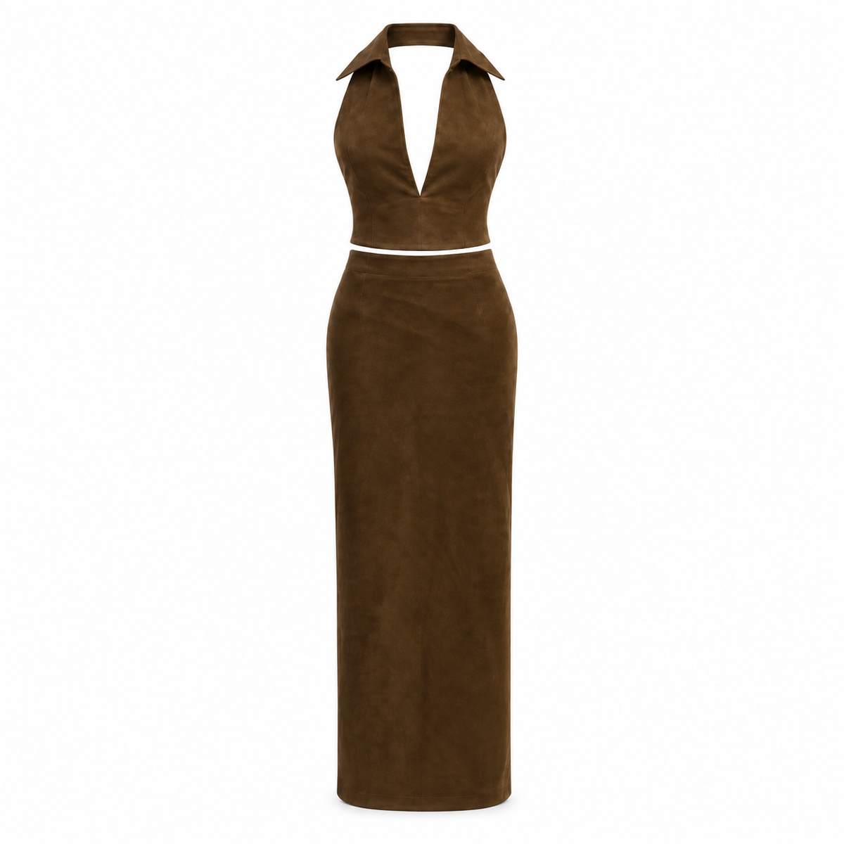 Chocolate faux suede halter top and maxi skirt co-ord