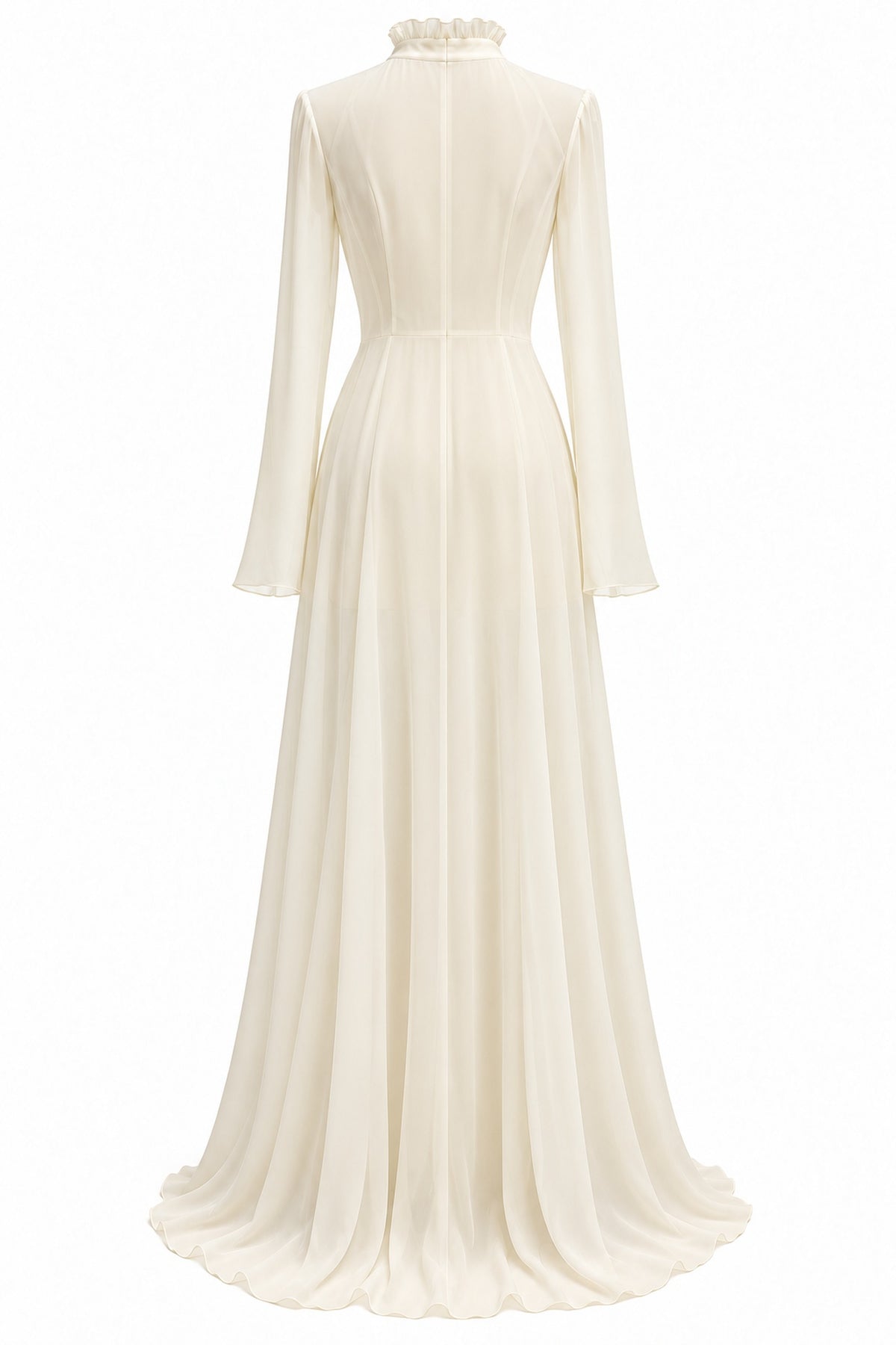 Ivory chiffon ruffle high-neck maxi top — back view