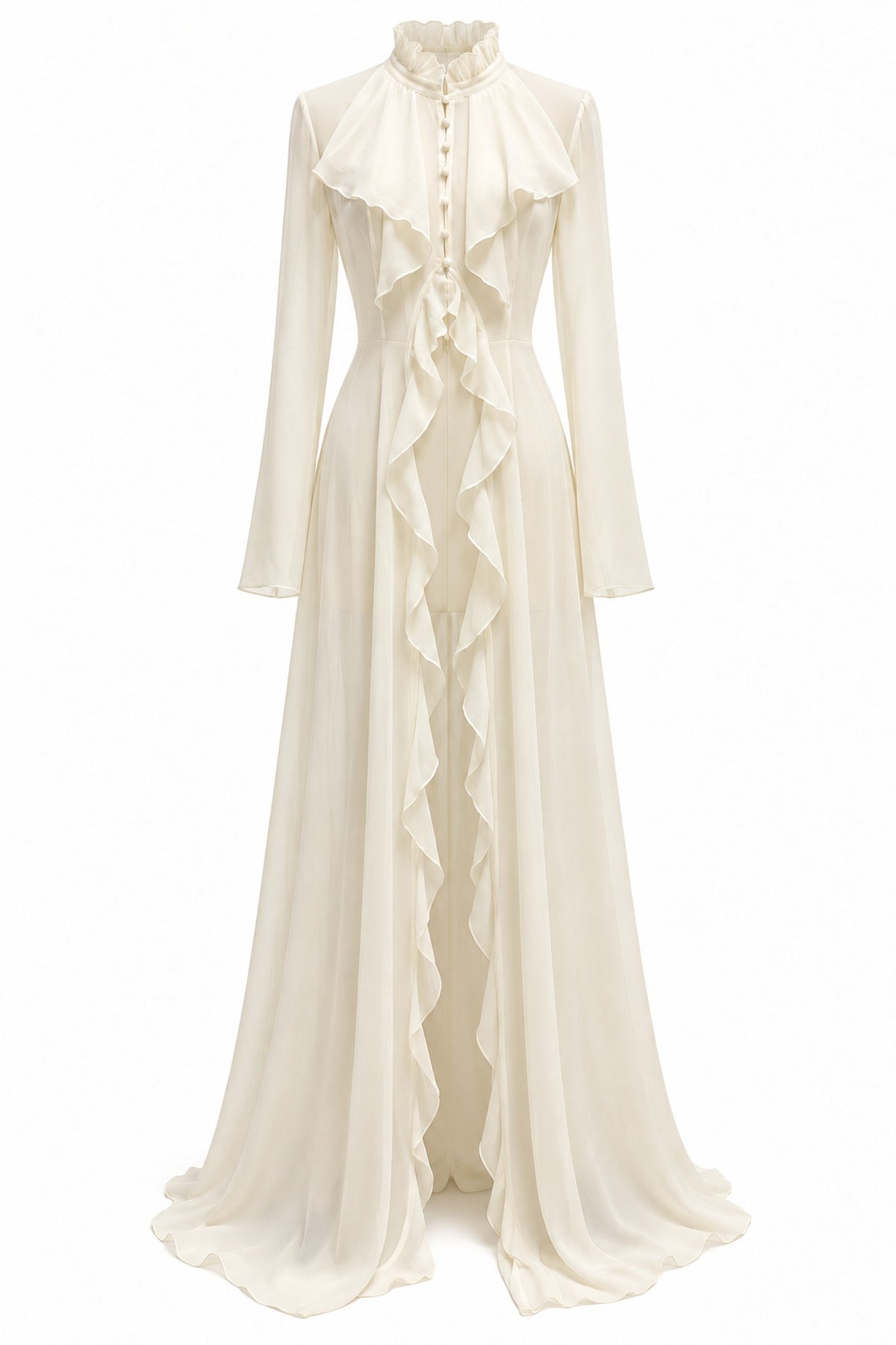 Ivory chiffon ruffle high-neck maxi top — front view