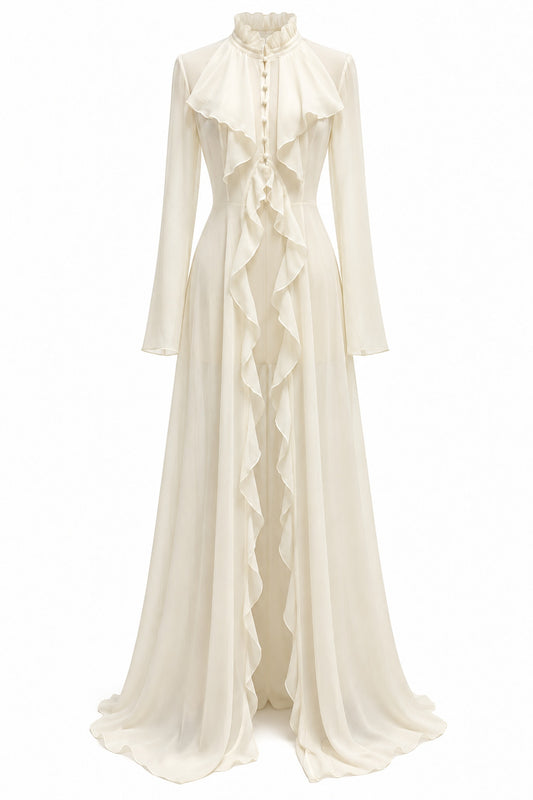 Ivory chiffon ruffle high-neck maxi top — front view