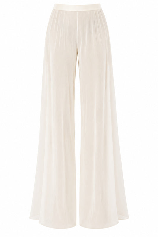 Ivory chiffon wide-leg trousers — front view