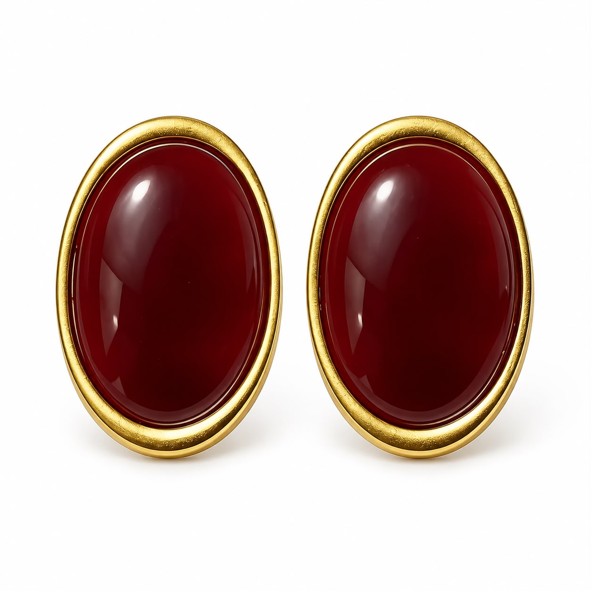 Oxblood oval statement earrings with textured gold-tone borders
